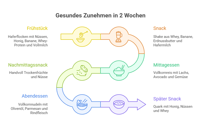 Schnell Zunehmen in 2 Wochen - Mahlzeiten an einem Beispieltag - Grafik