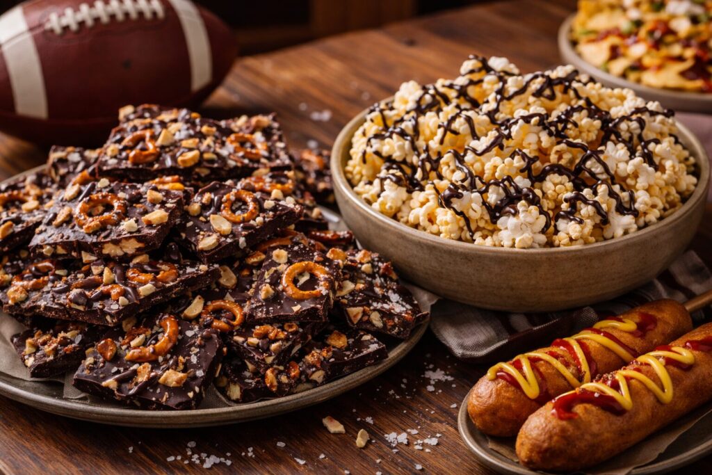 Chocolate Barks und Popcorn mit geschmolzener Schokolade als süßer Snack beim Super Bowl