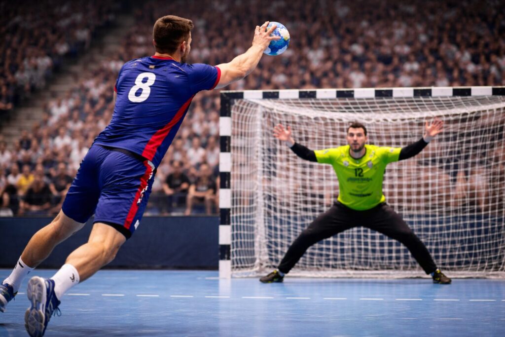 Handballspieler wirft Ball ins Tor