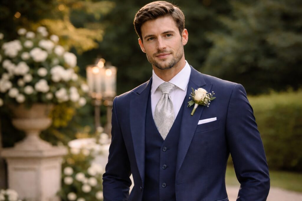 Klassischer dunkelblauer Dreiteiler als Bräutigam Anzug