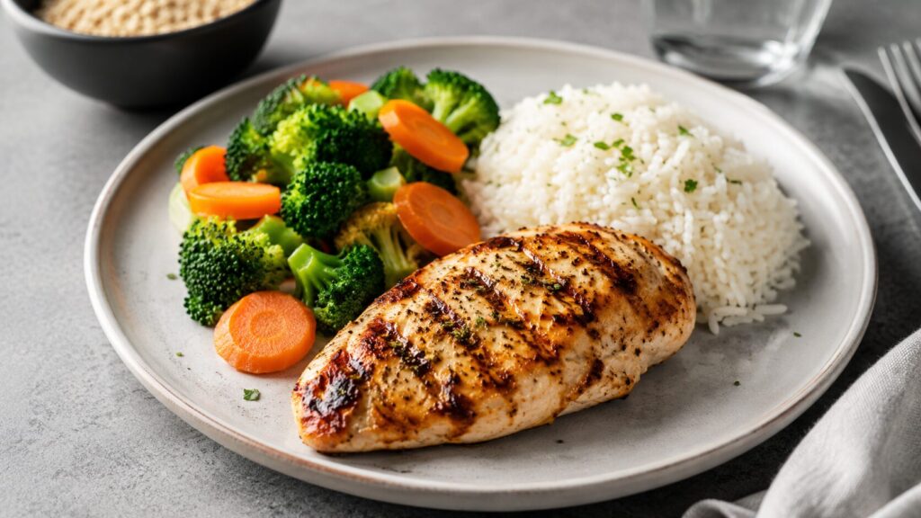 Reis, Huhn und Gemüse als ideale Mahlzeit vor dem Training